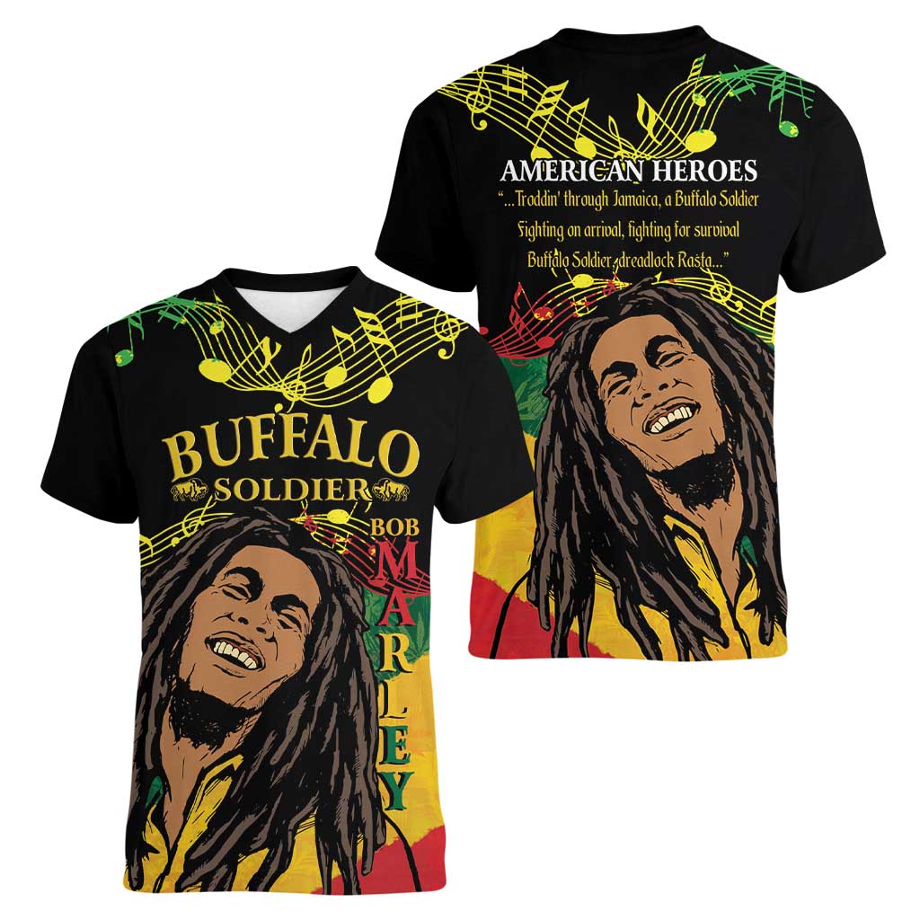 Legend Bob Buffalo Soldier Women V-Neck T-Shirt American Heroes Reggae Style - Wonder Print Shop