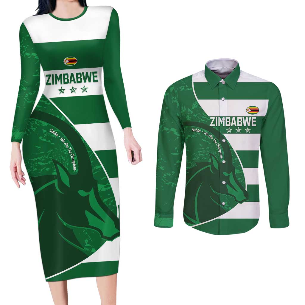 Zimbabwe Rugby Custom Couples Matching Long Sleeve Bodycon Dress and Long Sleeve Button Shirt Sables 3rd Champions Proud - Wonder Print Shop