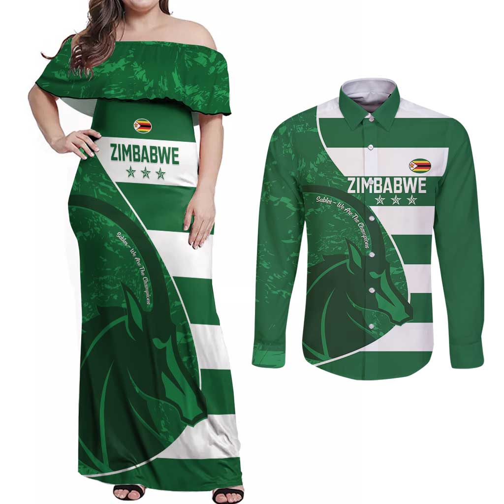 Zimbabwe Rugby Custom Couples Matching Off Shoulder Maxi Dress and Long Sleeve Button Shirt Sables 3rd Champions Proud - Wonder Print Shop