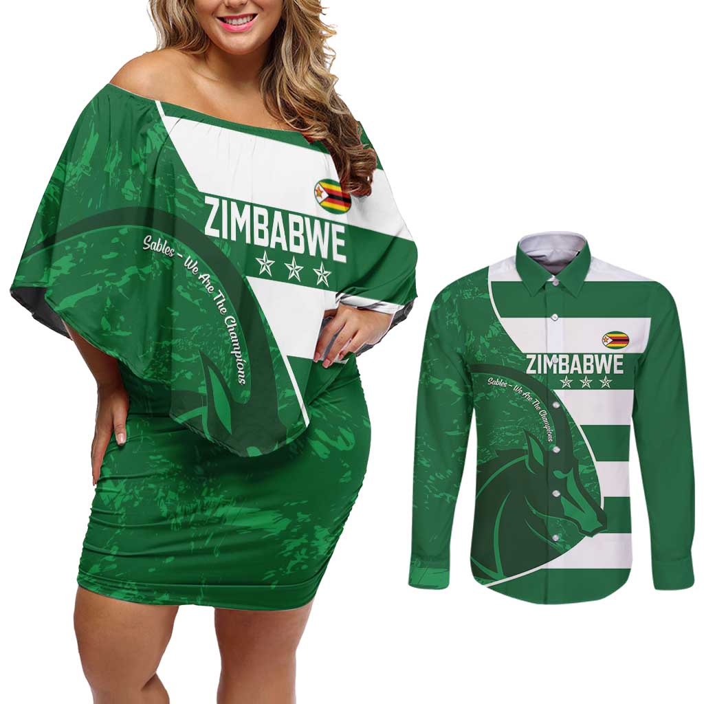 Zimbabwe Rugby Custom Couples Matching Off Shoulder Short Dress and Long Sleeve Button Shirt Sables 3rd Champions Proud - Wonder Print Shop