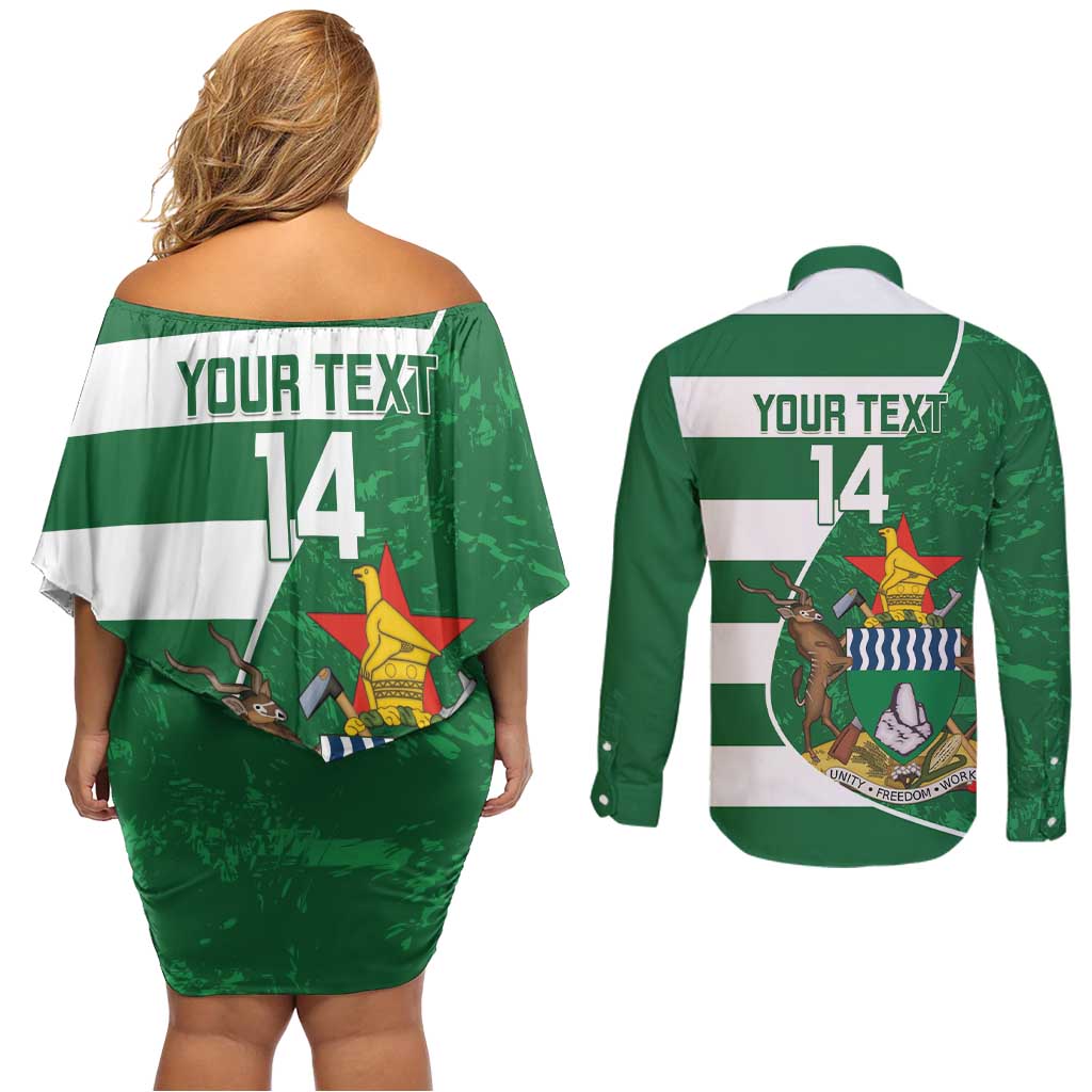 Zimbabwe Rugby Custom Couples Matching Off Shoulder Short Dress and Long Sleeve Button Shirt Sables 3rd Champions Proud - Wonder Print Shop