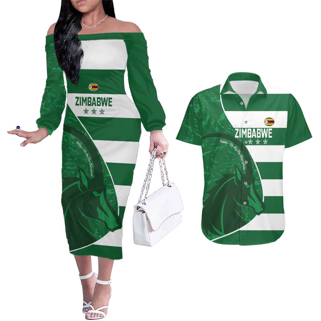 Zimbabwe Rugby Custom Couples Matching Off The Shoulder Long Sleeve Dress and Hawaiian Shirt Sables 3rd Champions Proud - Wonder Print Shop