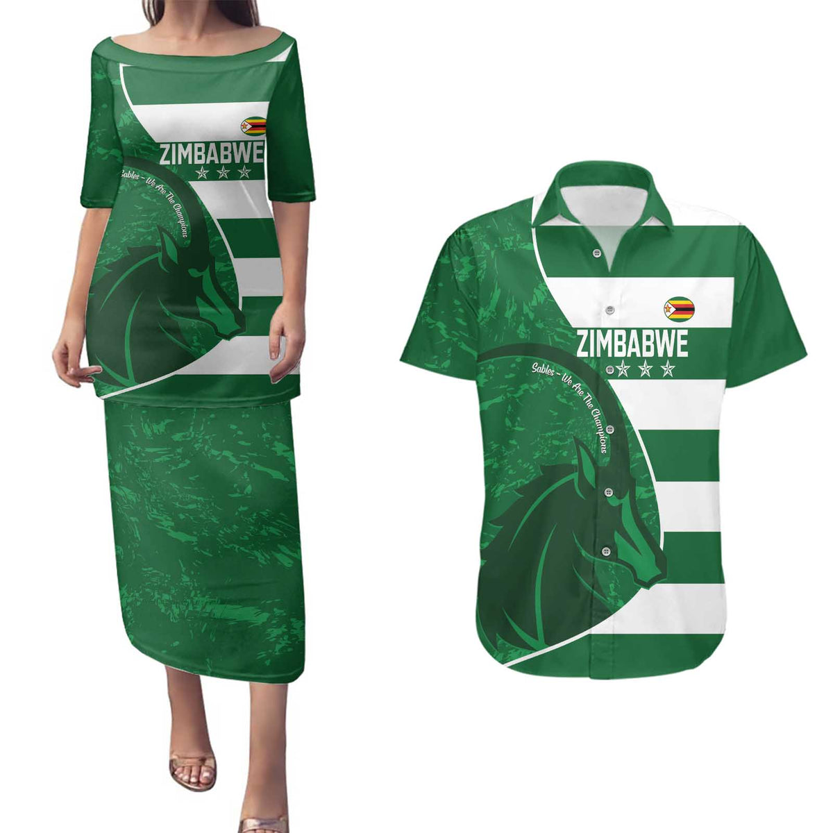 Zimbabwe Rugby Custom Couples Matching Puletasi and Hawaiian Shirt Sables 3rd Champions Proud - Wonder Print Shop