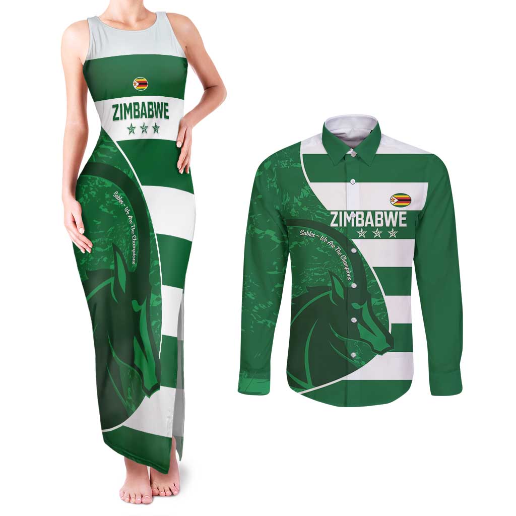 Zimbabwe Rugby Custom Couples Matching Tank Maxi Dress and Long Sleeve Button Shirt Sables 3rd Champions Proud - Wonder Print Shop