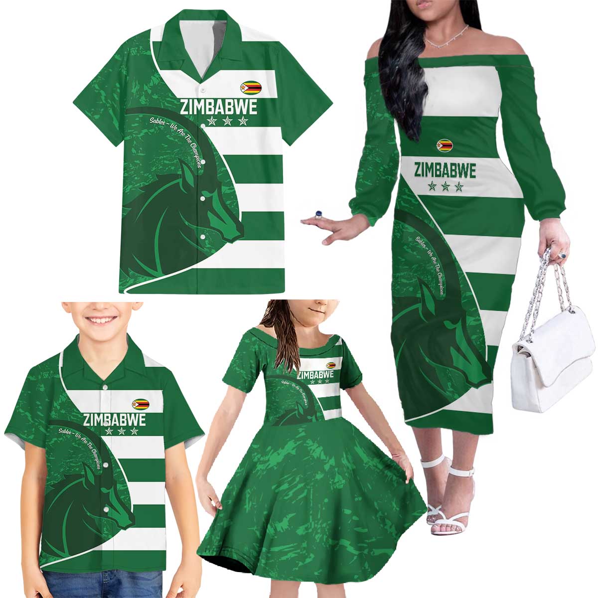 Zimbabwe Rugby Custom Family Matching Off The Shoulder Long Sleeve Dress and Hawaiian Shirt Sables 3rd Champions Proud - Wonder Print Shop