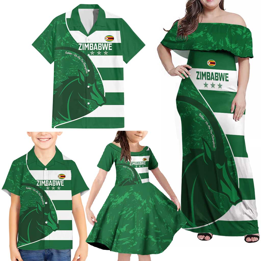 Zimbabwe Rugby Custom Family Matching Off Shoulder Maxi Dress and Hawaiian Shirt Sables 3rd Champions Proud - Wonder Print Shop