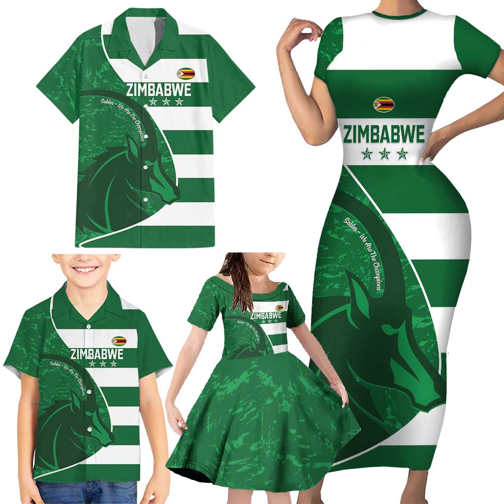 Zimbabwe Rugby Custom Family Matching Short Sleeve Bodycon Dress and Hawaiian Shirt Sables 3rd Champions Proud - Wonder Print Shop