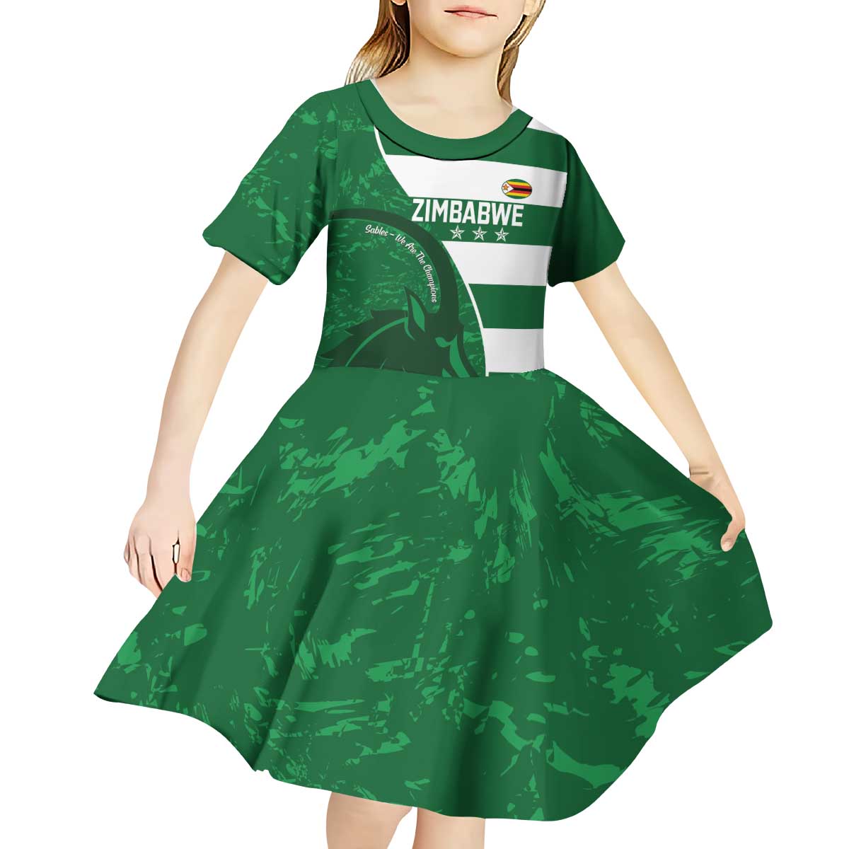 Zimbabwe Rugby Custom Kid Short Sleeve Dress Sables 3rd Champions Proud - Wonder Print Shop
