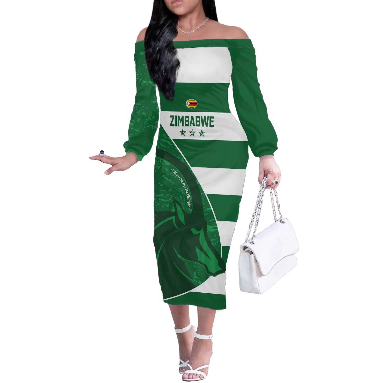 Zimbabwe Rugby Custom Off The Shoulder Long Sleeve Dress Sables 3rd Champions Proud - Wonder Print Shop