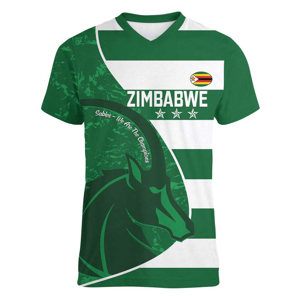 Zimbabwe Rugby Custom Women V-Neck T-Shirt Sables 3rd Champions Proud - Wonder Print Shop
