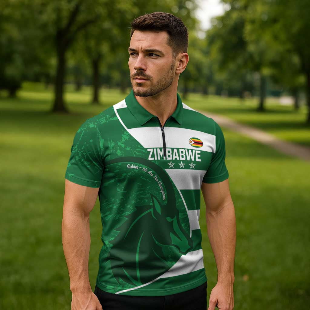 Zimbabwe Rugby Custom Zipper Polo Shirt Sables 3rd Champions Proud - Wonder Print Shop