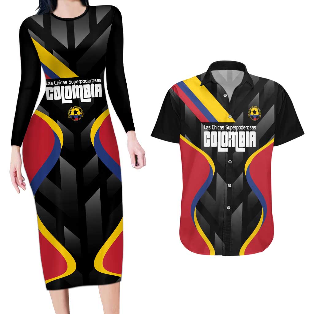 Custom Colombia Football Couples Matching Long Sleeve Bodycon Dress and Hawaiian Shirt Vamos Las Chicas Superpoderosas - Wonder Print Shop