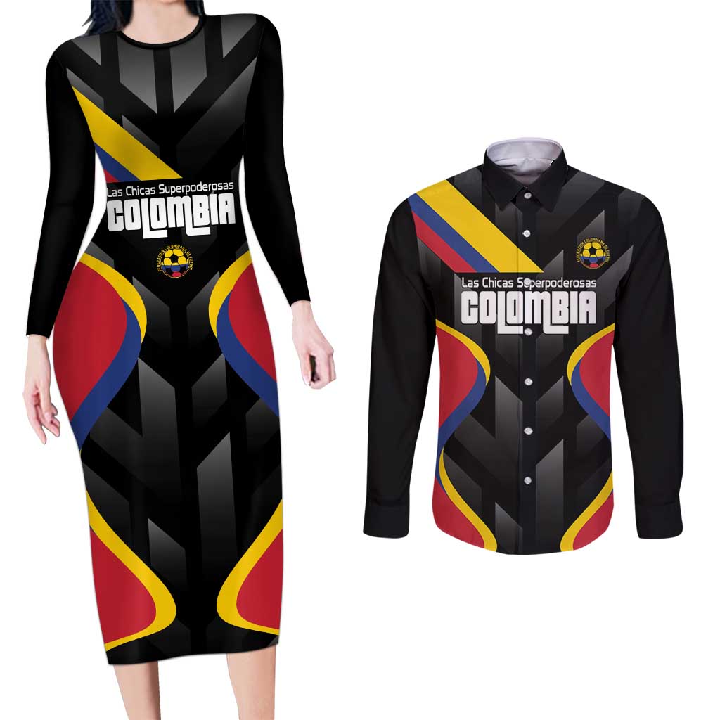 Custom Colombia Football Couples Matching Long Sleeve Bodycon Dress and Long Sleeve Button Shirt Vamos Las Chicas Superpoderosas - Wonder Print Shop