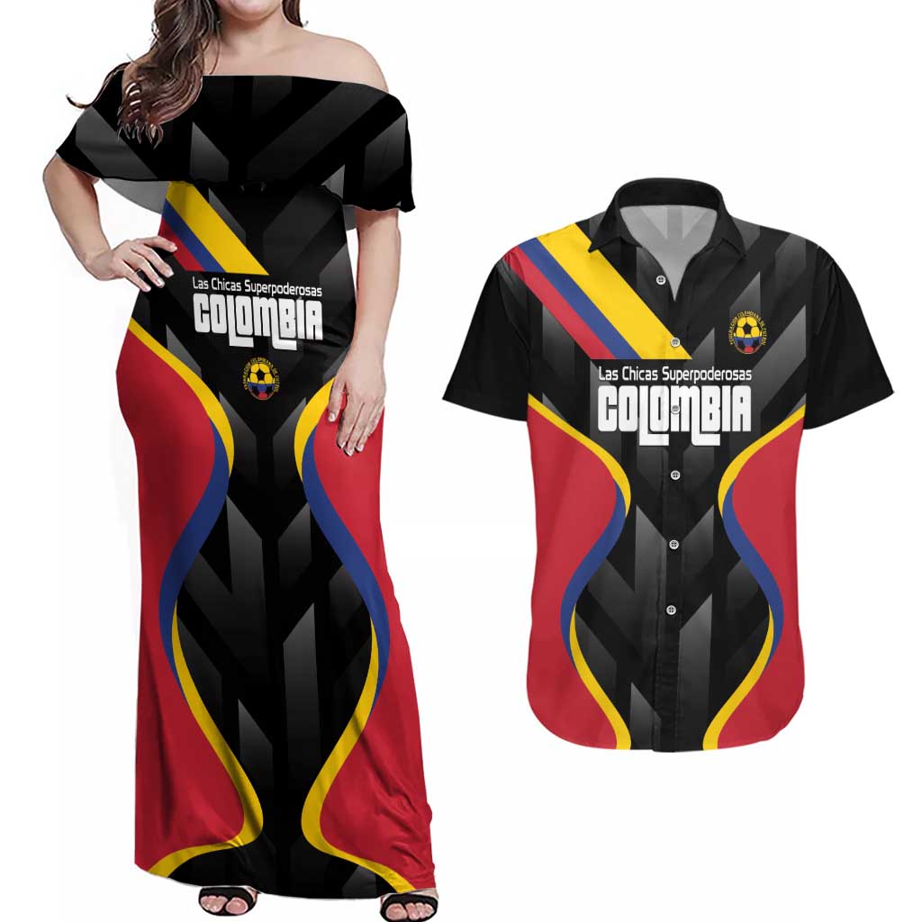 Custom Colombia Football Couples Matching Off Shoulder Maxi Dress and Hawaiian Shirt Vamos Las Chicas Superpoderosas - Wonder Print Shop