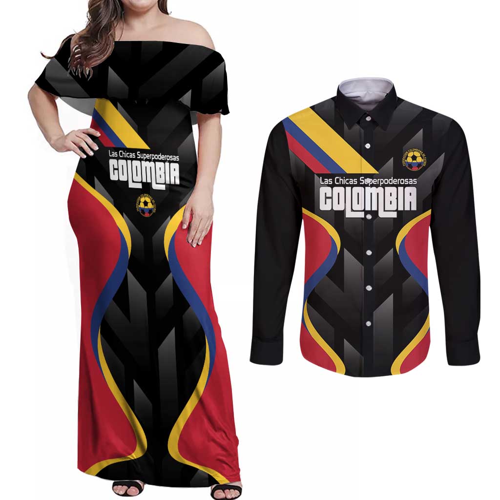 Custom Colombia Football Couples Matching Off Shoulder Maxi Dress and Long Sleeve Button Shirt Vamos Las Chicas Superpoderosas - Wonder Print Shop