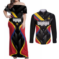 Custom Colombia Football Couples Matching Off Shoulder Maxi Dress and Long Sleeve Button Shirt Vamos Las Chicas Superpoderosas - Wonder Print Shop