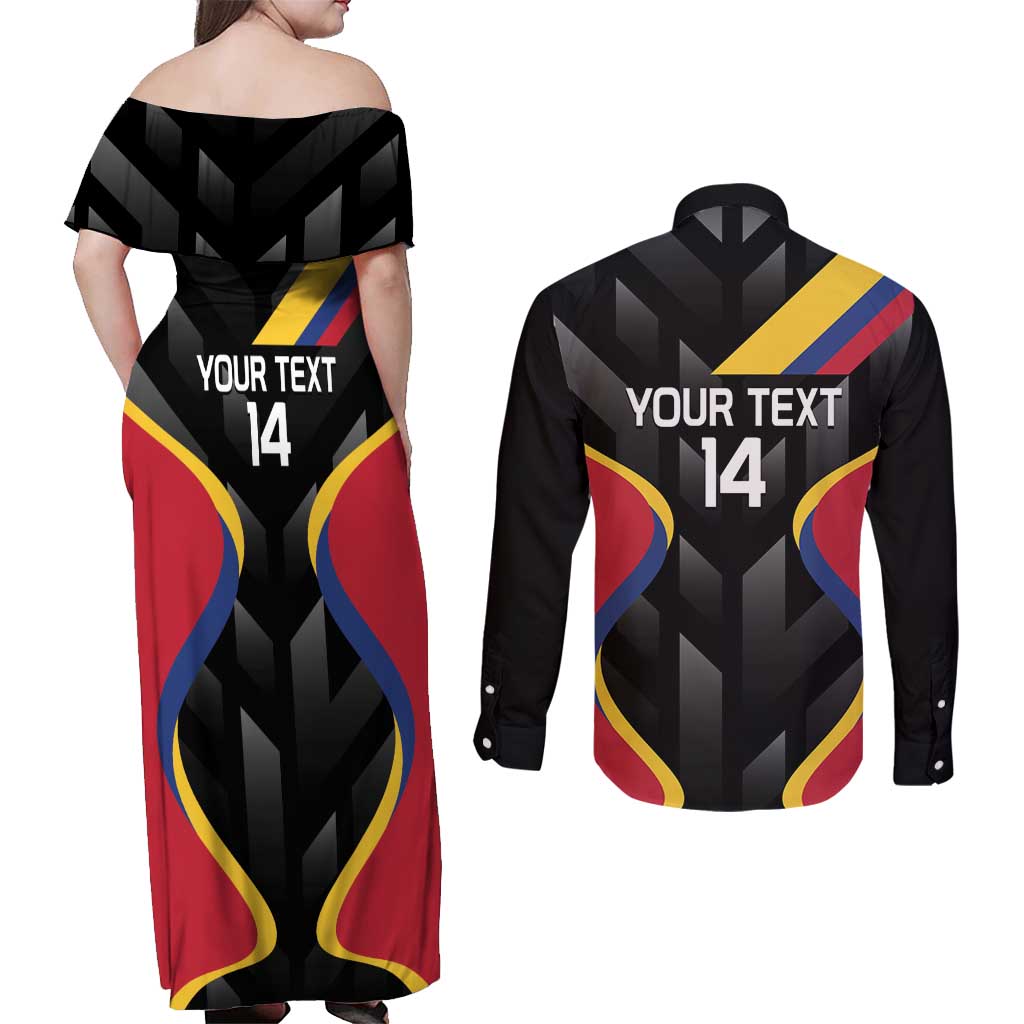 Custom Colombia Football Couples Matching Off Shoulder Maxi Dress and Long Sleeve Button Shirt Vamos Las Chicas Superpoderosas - Wonder Print Shop
