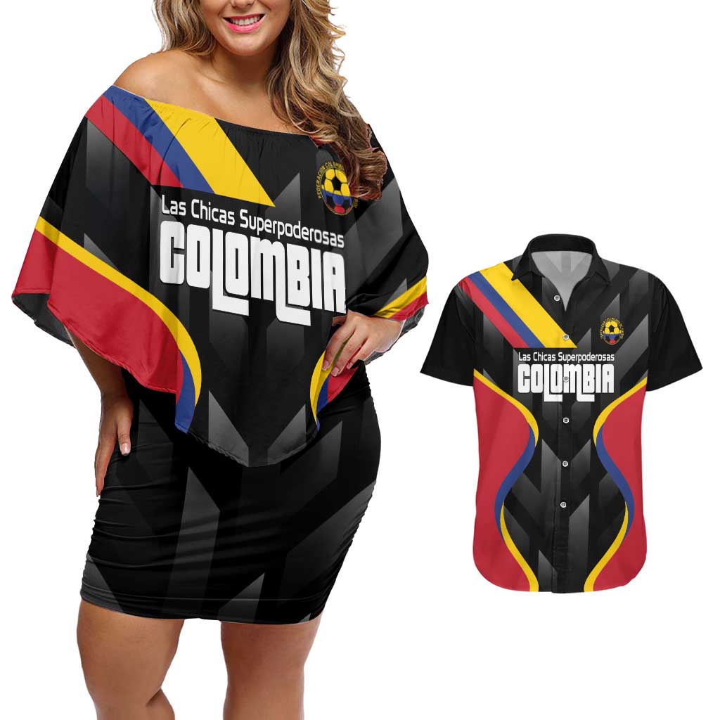 Custom Colombia Football Couples Matching Off Shoulder Short Dress and Hawaiian Shirt Vamos Las Chicas Superpoderosas - Wonder Print Shop
