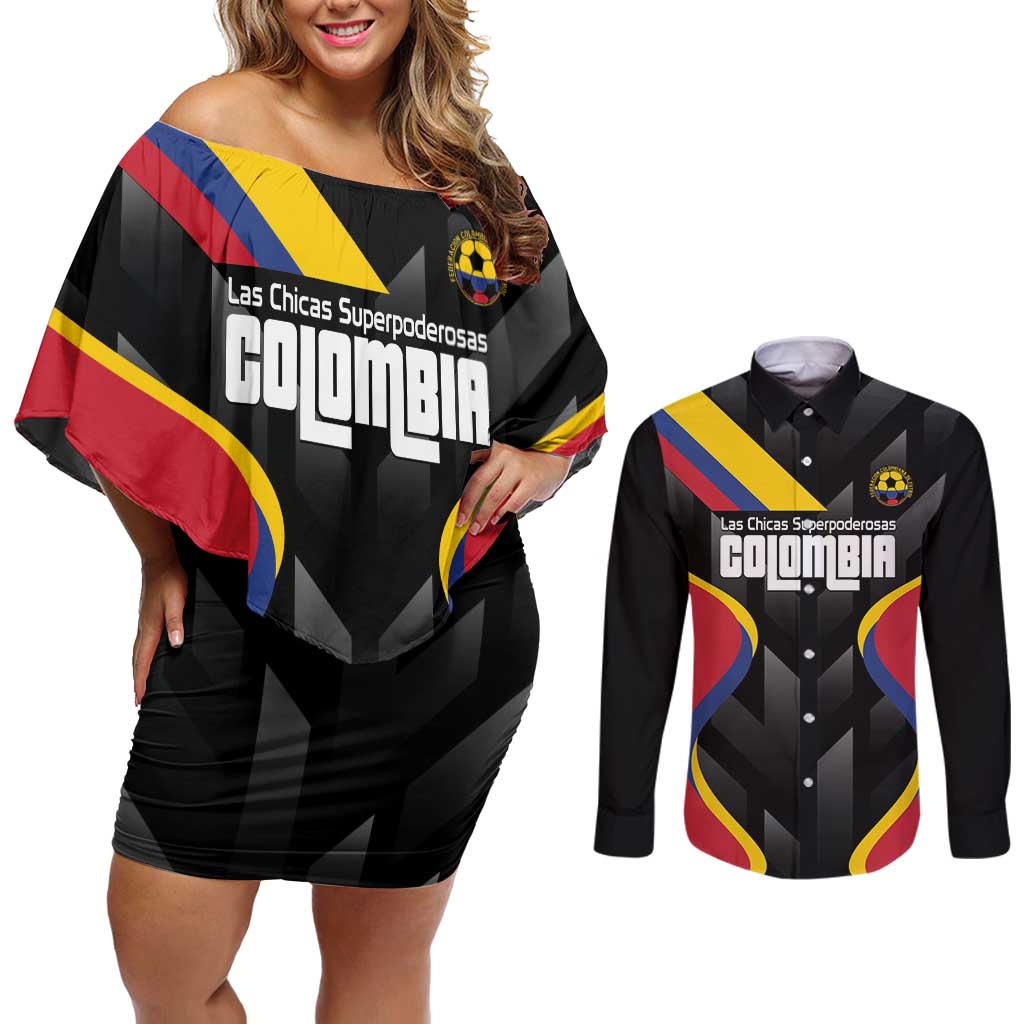 Custom Colombia Football Couples Matching Off Shoulder Short Dress and Long Sleeve Button Shirt Vamos Las Chicas Superpoderosas - Wonder Print Shop