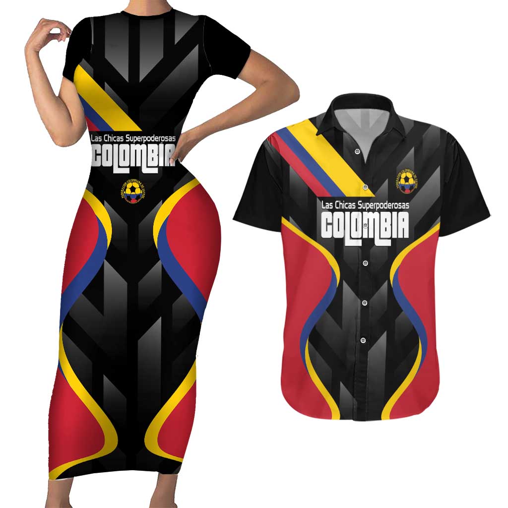 Custom Colombia Football Couples Matching Short Sleeve Bodycon Dress and Hawaiian Shirt Vamos Las Chicas Superpoderosas - Wonder Print Shop
