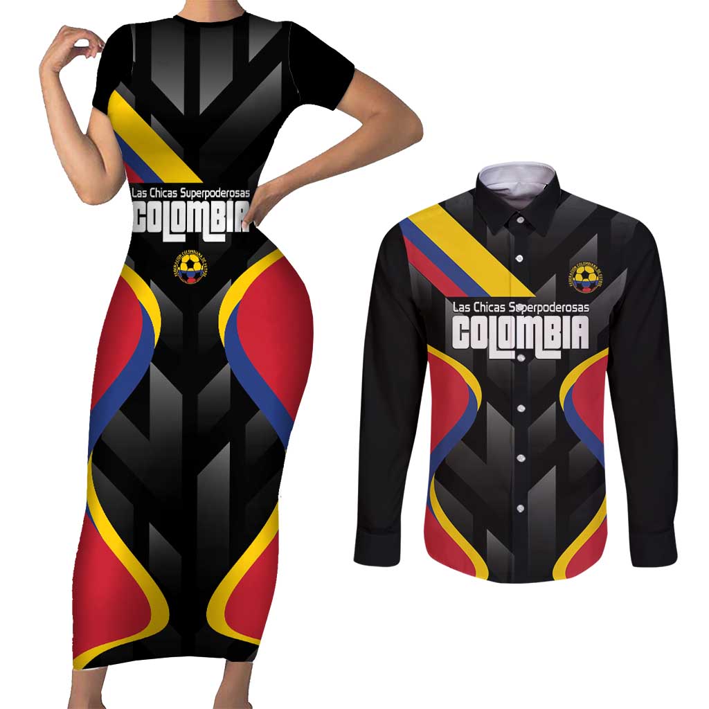 Custom Colombia Football Couples Matching Short Sleeve Bodycon Dress and Long Sleeve Button Shirt Vamos Las Chicas Superpoderosas - Wonder Print Shop