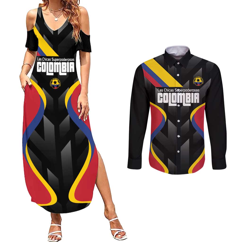 Custom Colombia Football Couples Matching Summer Maxi Dress and Long Sleeve Button Shirt Vamos Las Chicas Superpoderosas - Wonder Print Shop