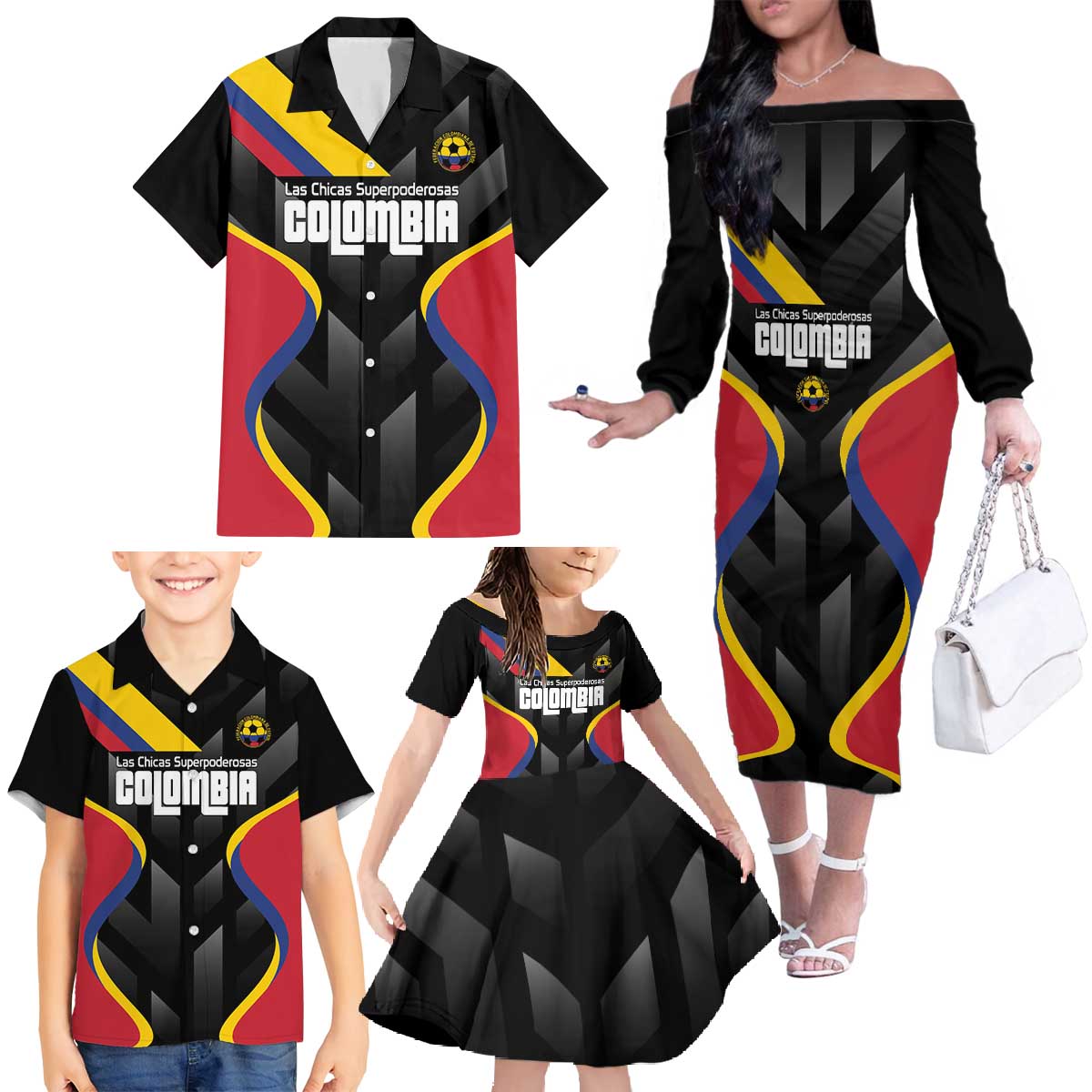 Custom Colombia Football Family Matching Off The Shoulder Long Sleeve Dress and Hawaiian Shirt Vamos Las Chicas Superpoderosas - Wonder Print Shop