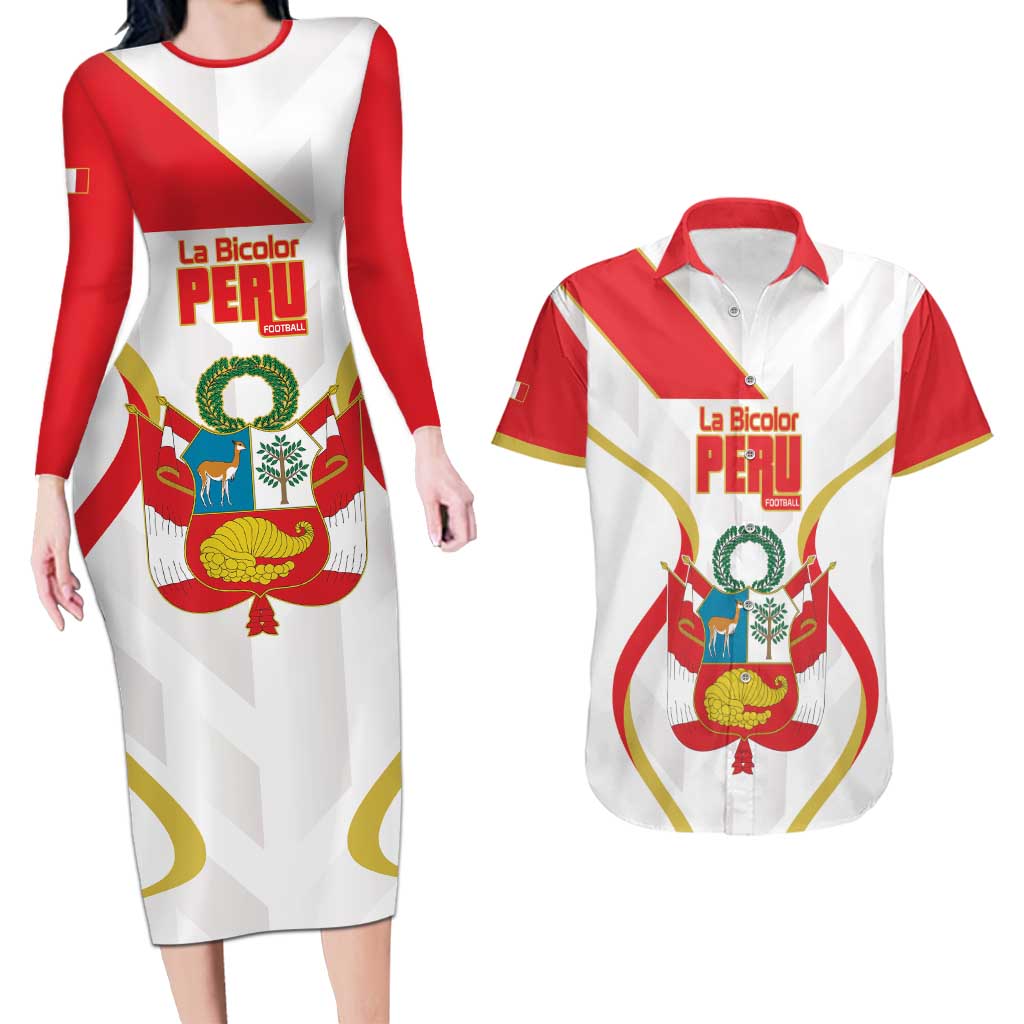 Custom Peru Football Couples Matching Long Sleeve Bodycon Dress and Hawaiian Shirt Vamos La Bicolor - Wonder Print Shop