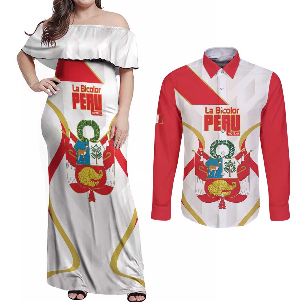 Custom Peru Football Couples Matching Off Shoulder Maxi Dress and Long Sleeve Button Shirt Vamos La Bicolor - Wonder Print Shop