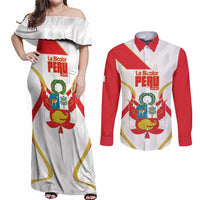 Custom Peru Football Couples Matching Off Shoulder Maxi Dress and Long Sleeve Button Shirt Vamos La Bicolor - Wonder Print Shop