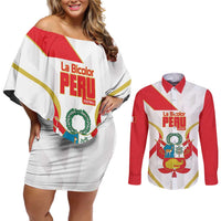 Custom Peru Football Couples Matching Off Shoulder Short Dress and Long Sleeve Button Shirt Vamos La Bicolor - Wonder Print Shop
