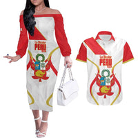 Custom Peru Football Couples Matching Off The Shoulder Long Sleeve Dress and Hawaiian Shirt Vamos La Bicolor - Wonder Print Shop