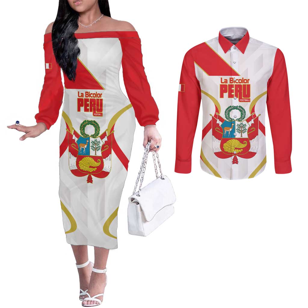 Custom Peru Football Couples Matching Off The Shoulder Long Sleeve Dress and Long Sleeve Button Shirt Vamos La Bicolor - Wonder Print Shop