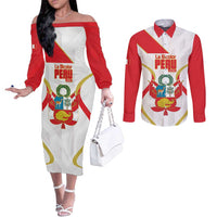 Custom Peru Football Couples Matching Off The Shoulder Long Sleeve Dress and Long Sleeve Button Shirt Vamos La Bicolor - Wonder Print Shop