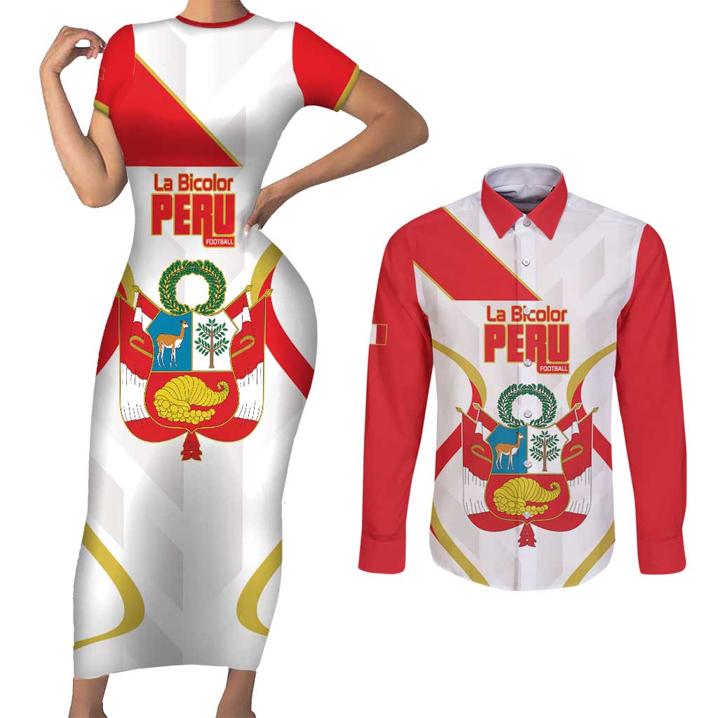 Custom Peru Football Couples Matching Short Sleeve Bodycon Dress and Long Sleeve Button Shirt Vamos La Bicolor - Wonder Print Shop