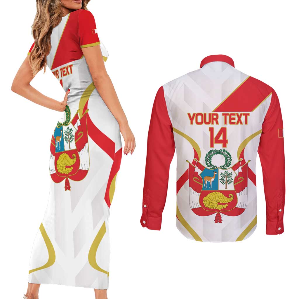 Custom Peru Football Couples Matching Short Sleeve Bodycon Dress and Long Sleeve Button Shirt Vamos La Bicolor - Wonder Print Shop