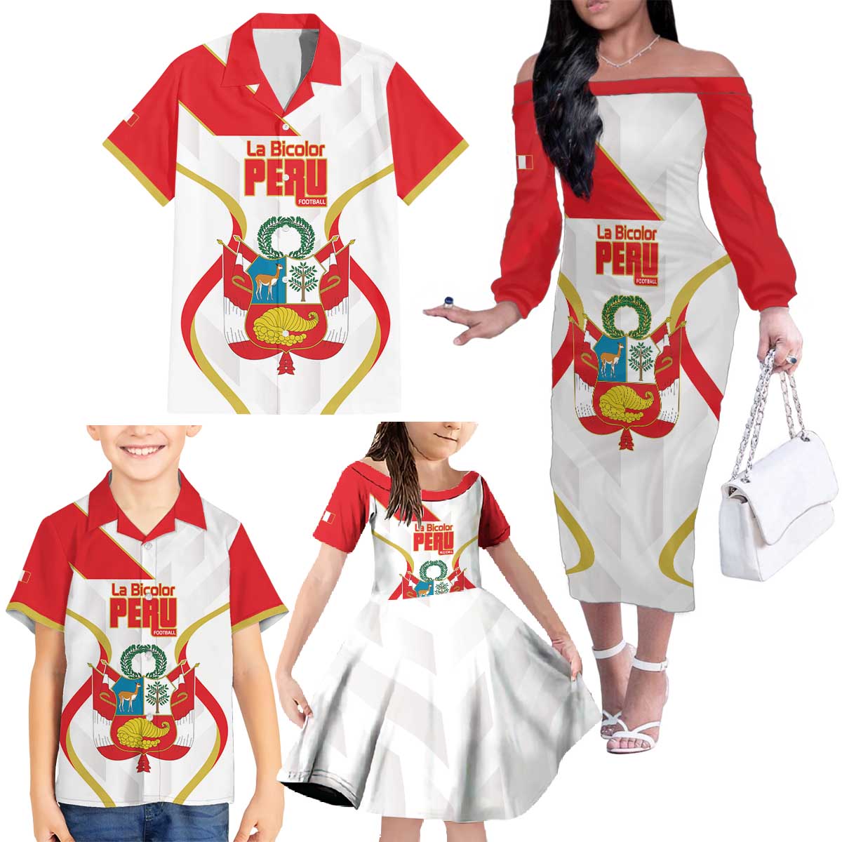 Custom Peru Football Family Matching Off The Shoulder Long Sleeve Dress and Hawaiian Shirt Vamos La Bicolor - Wonder Print Shop