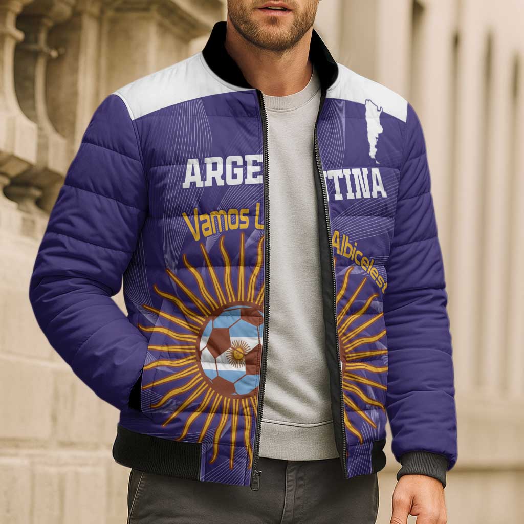 Custom Argentina Football Bomber Puffer Jacket Vamos La Albiceleste Purple Version - Wonder Print Shop