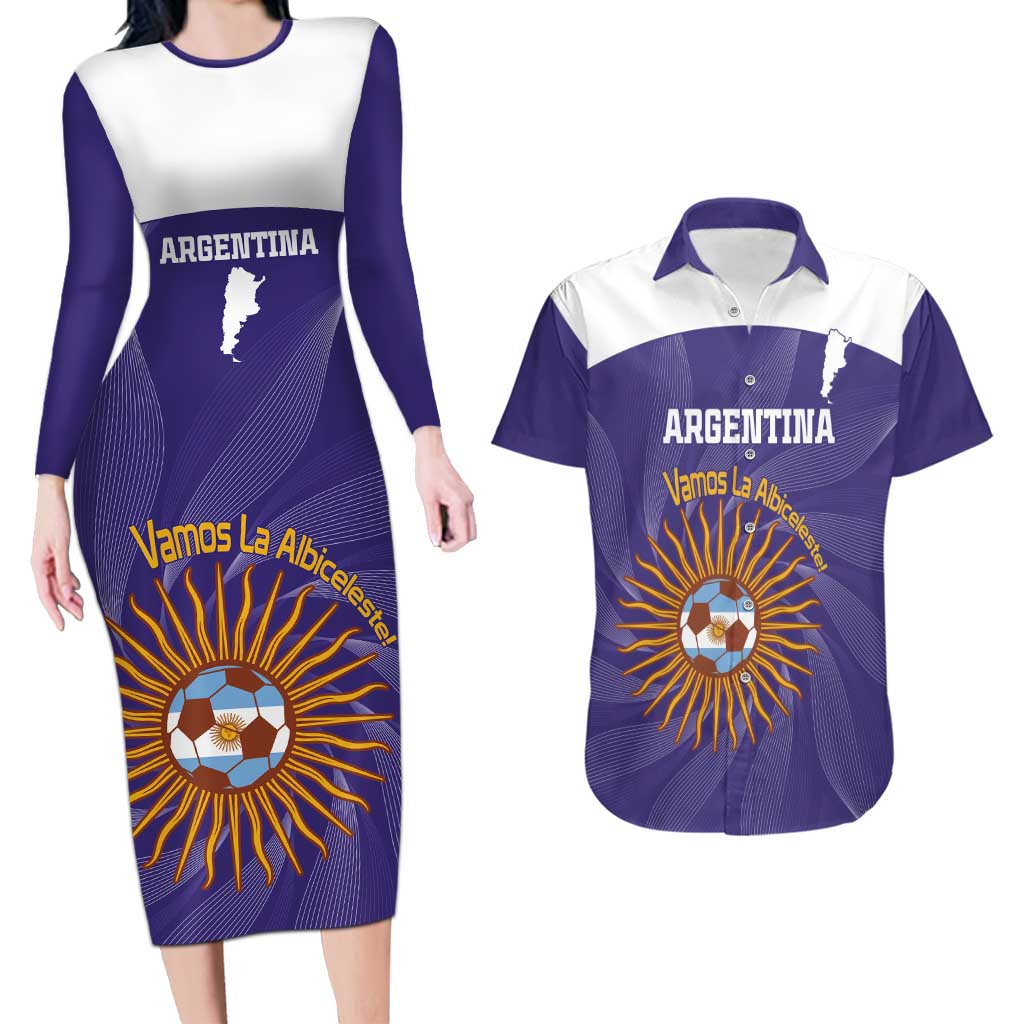 Custom Argentina Football Couples Matching Long Sleeve Bodycon Dress and Hawaiian Shirt Vamos La Albiceleste Purple Version - Wonder Print Shop