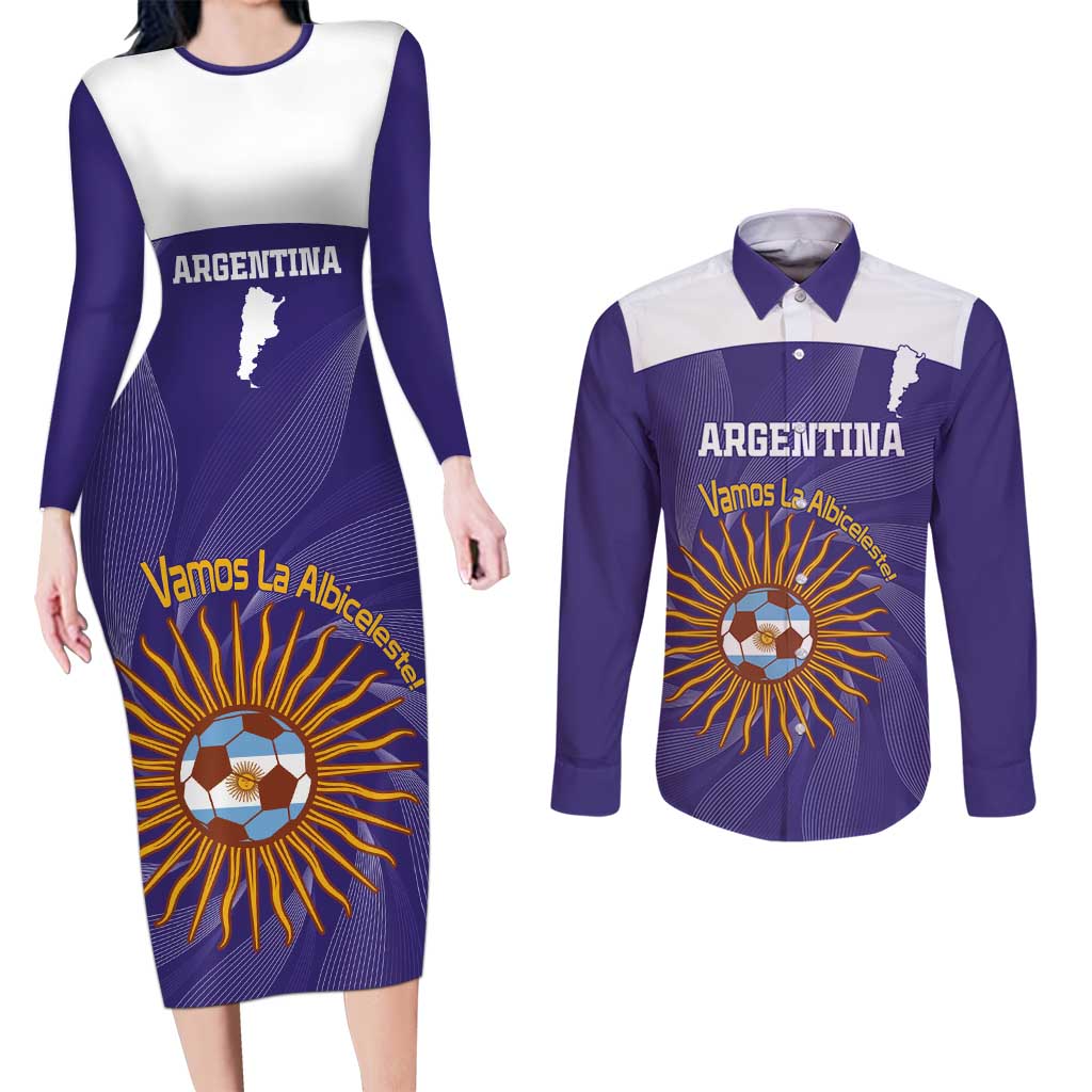 Custom Argentina Football Couples Matching Long Sleeve Bodycon Dress and Long Sleeve Button Shirt Vamos La Albiceleste Purple Version - Wonder Print Shop
