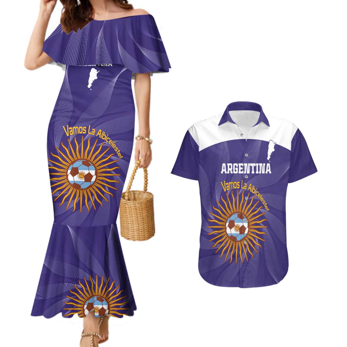 Custom Argentina Football Couples Matching Mermaid Dress and Hawaiian Shirt Vamos La Albiceleste Purple Version - Wonder Print Shop