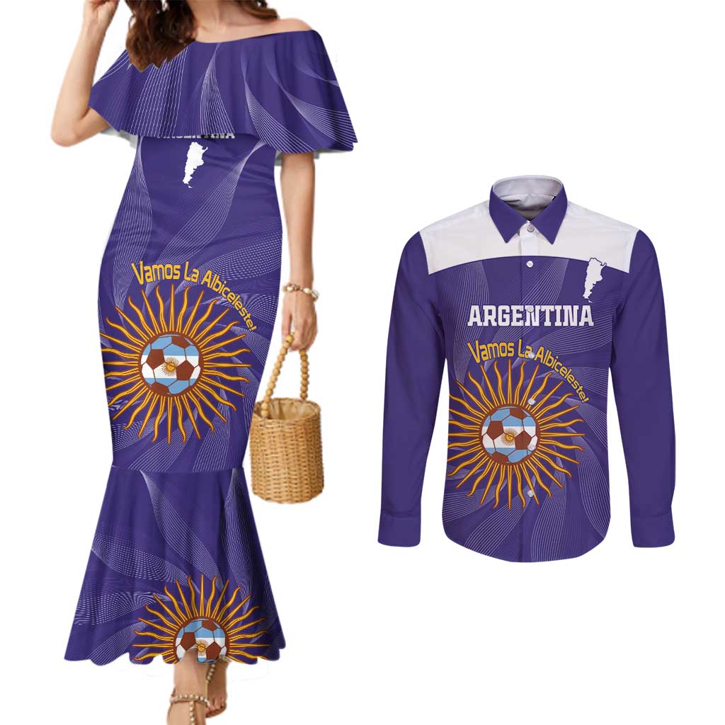 Custom Argentina Football Couples Matching Mermaid Dress and Long Sleeve Button Shirt Vamos La Albiceleste Purple Version - Wonder Print Shop