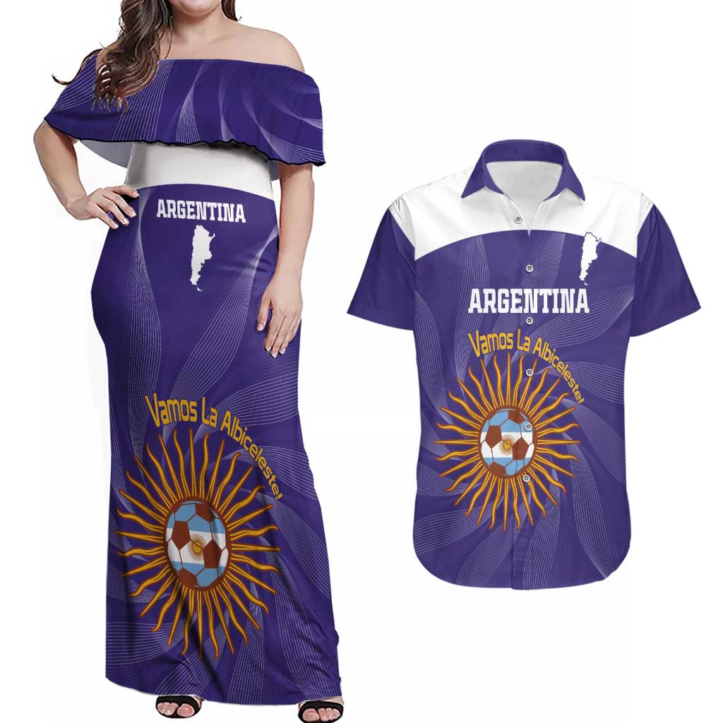 Custom Argentina Football Couples Matching Off Shoulder Maxi Dress and Hawaiian Shirt Vamos La Albiceleste Purple Version - Wonder Print Shop