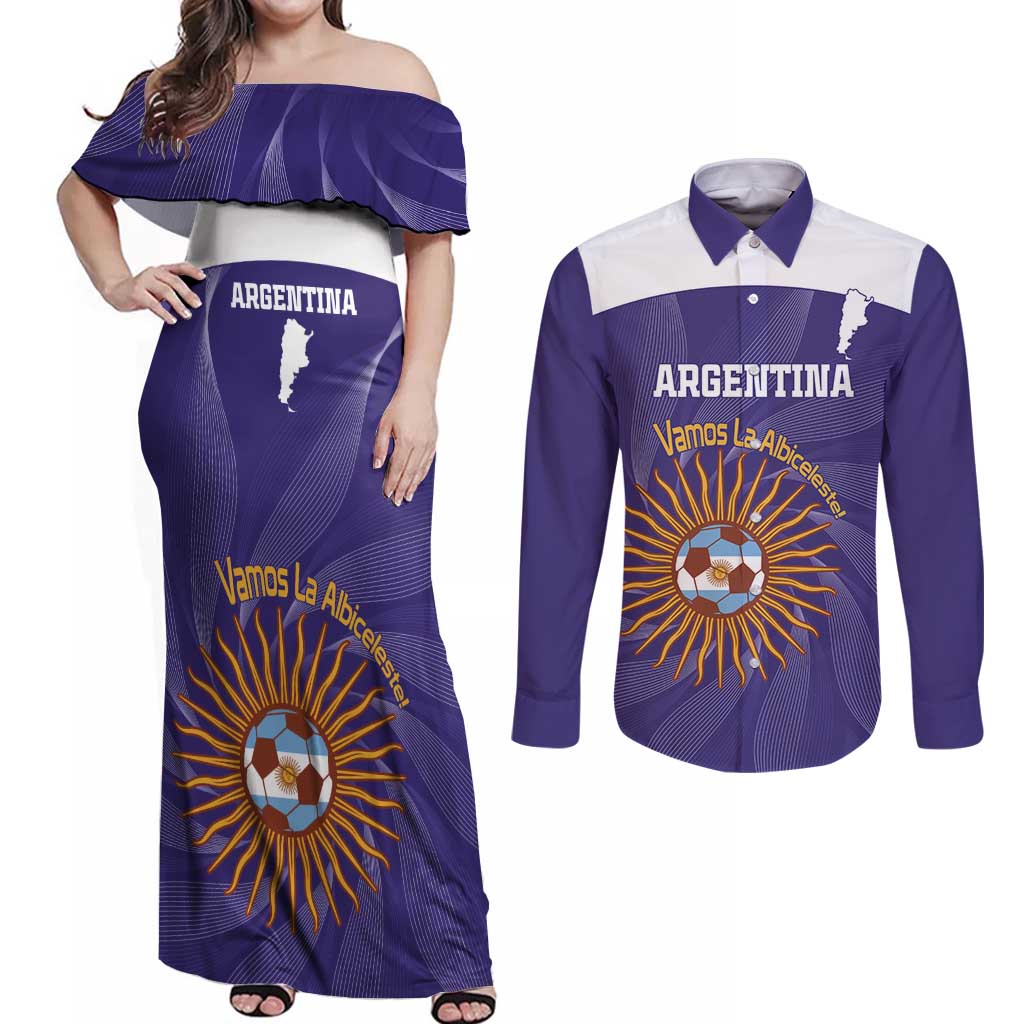 Custom Argentina Football Couples Matching Off Shoulder Maxi Dress and Long Sleeve Button Shirt Vamos La Albiceleste Purple Version - Wonder Print Shop