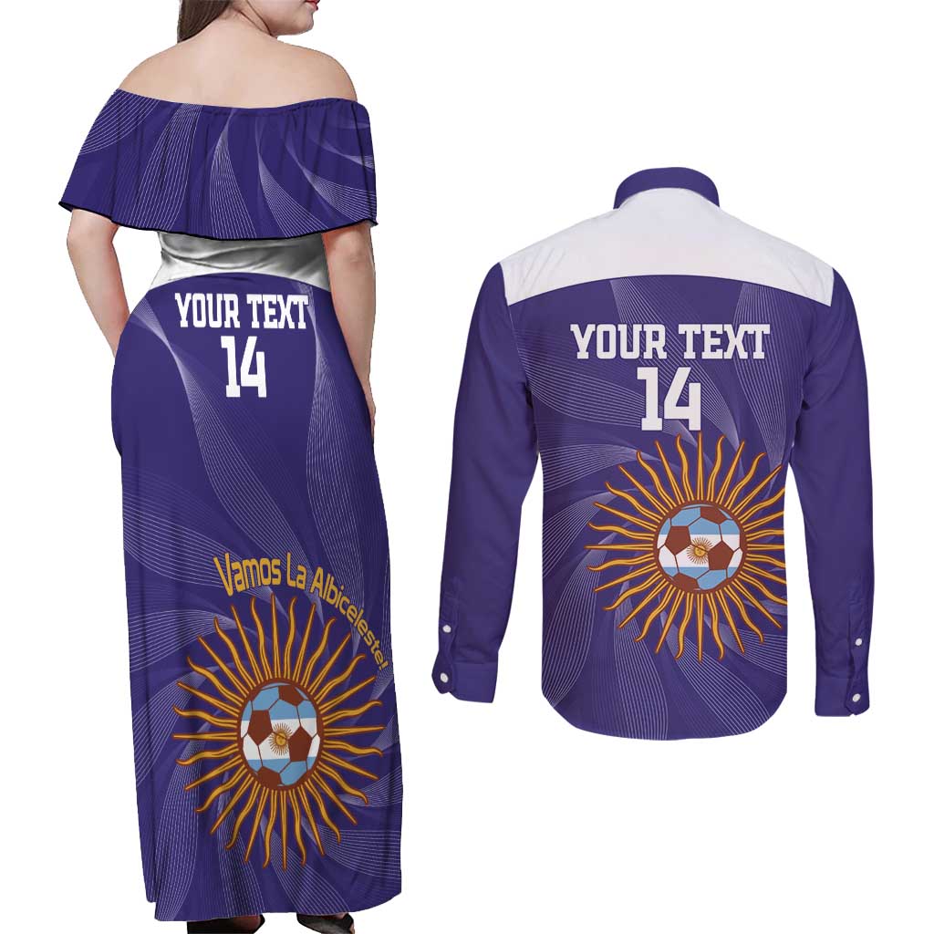 Custom Argentina Football Couples Matching Off Shoulder Maxi Dress and Long Sleeve Button Shirt Vamos La Albiceleste Purple Version - Wonder Print Shop
