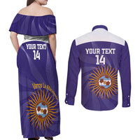 Custom Argentina Football Couples Matching Off Shoulder Maxi Dress and Long Sleeve Button Shirt Vamos La Albiceleste Purple Version - Wonder Print Shop