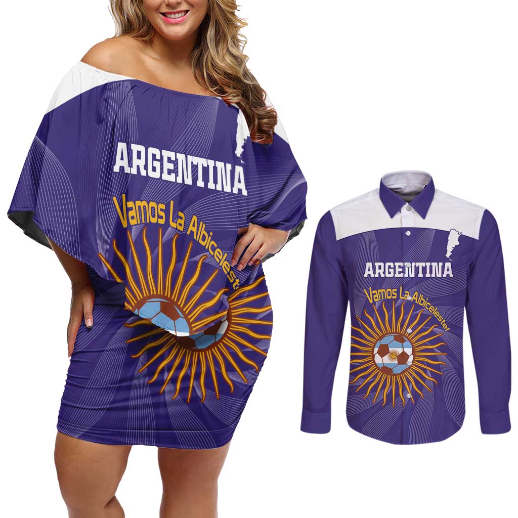 Custom Argentina Football Couples Matching Off Shoulder Short Dress and Long Sleeve Button Shirt Vamos La Albiceleste Purple Version - Wonder Print Shop