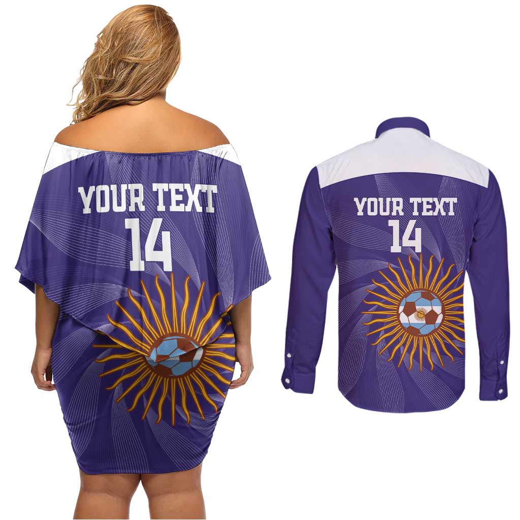 Custom Argentina Football Couples Matching Off Shoulder Short Dress and Long Sleeve Button Shirt Vamos La Albiceleste Purple Version - Wonder Print Shop