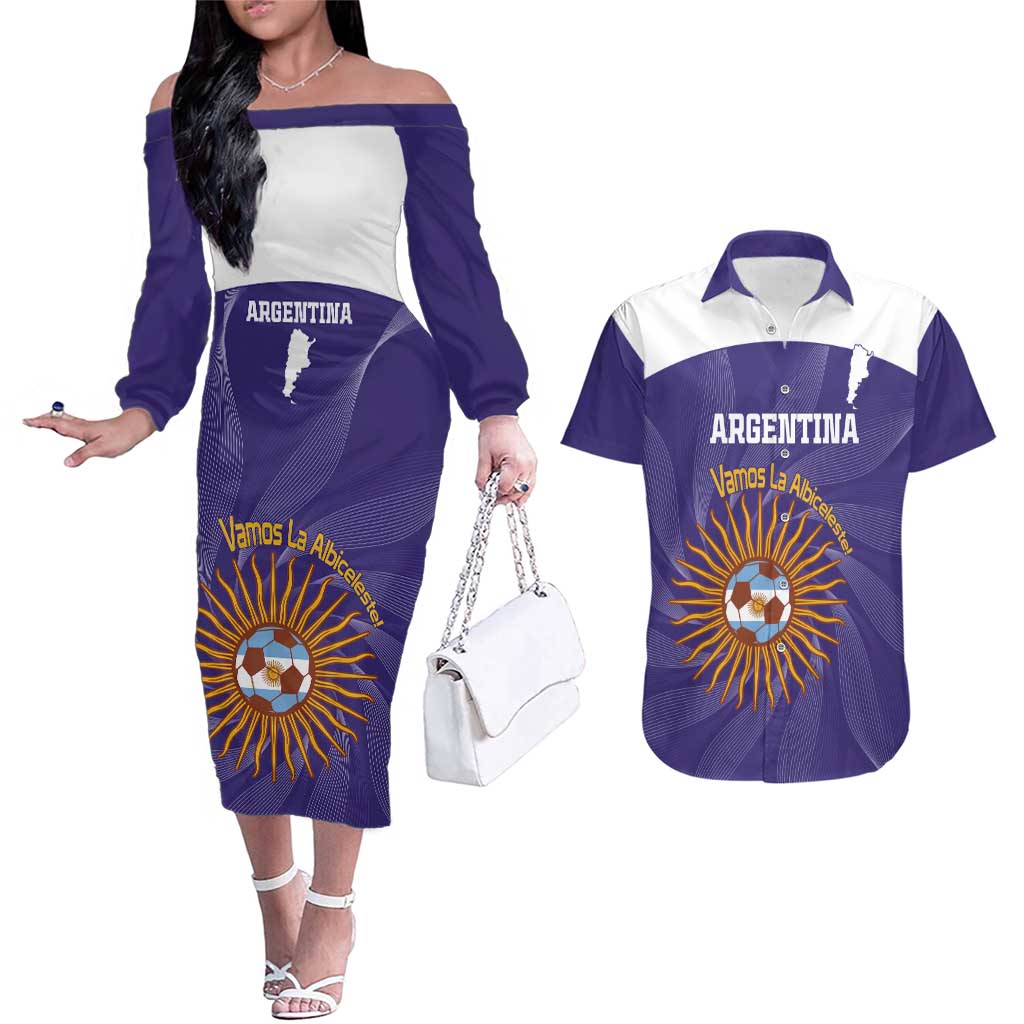 Custom Argentina Football Couples Matching Off The Shoulder Long Sleeve Dress and Hawaiian Shirt Vamos La Albiceleste Purple Version - Wonder Print Shop