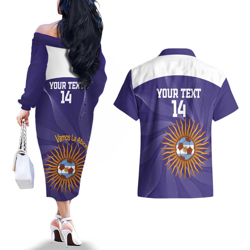 Custom Argentina Football Couples Matching Off The Shoulder Long Sleeve Dress and Hawaiian Shirt Vamos La Albiceleste Purple Version - Wonder Print Shop